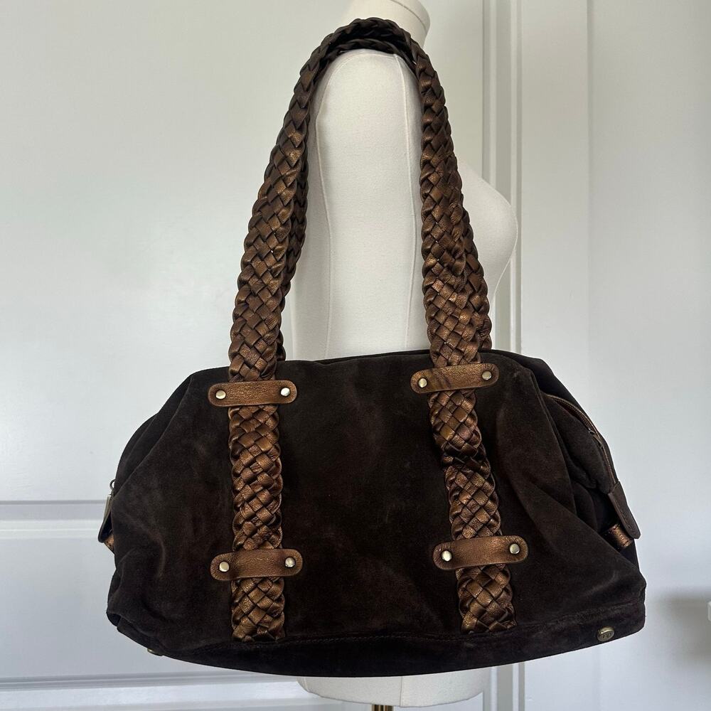Y2K Donald J Pliner Brown/Bronze Suede Metallic City Y2K Slouchy Shoulder Bag